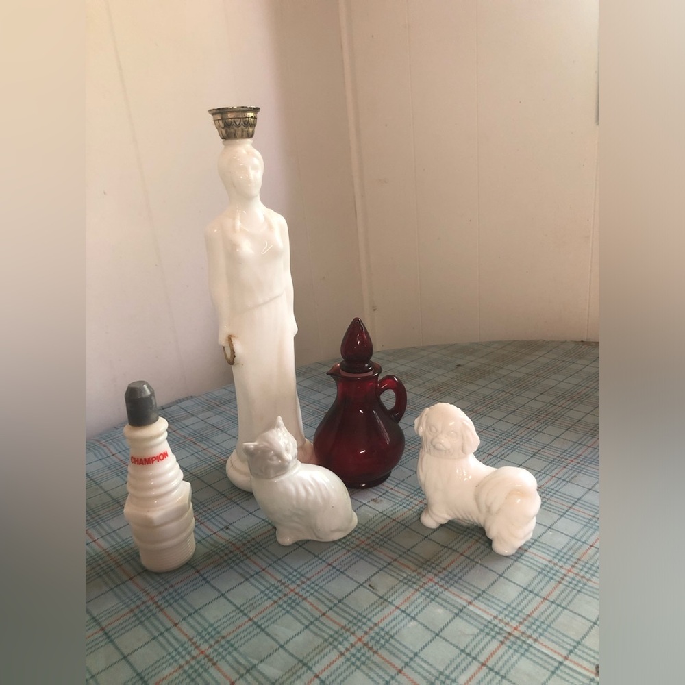 5 vtg avon bottles cat dog spark plug white lady statue EMPTY red ruby decanter